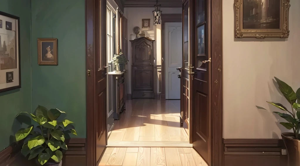 (best quality, 4k, 8K, high resolution, masterpiece: 1.2), Very detailed, (nobody: 1.5), Outside the door, indoor,cozy indoor, lamp, bookshelf, Potted plants