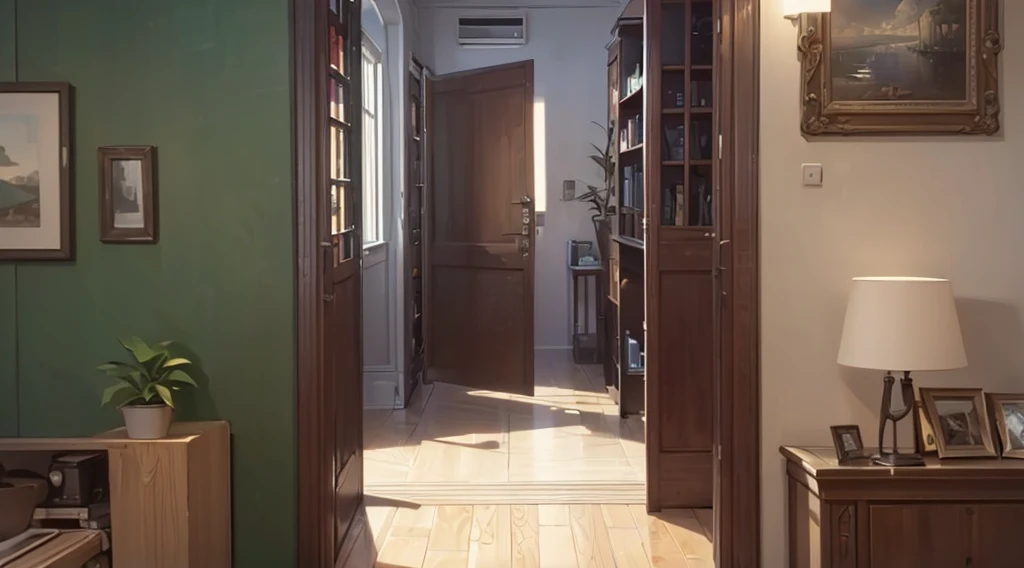 (best quality, 4k, 8K, high resolution, masterpiece: 1.2), Very detailed, (nobody: 1.5), Outside the door， indoor，cozy indoor, lamp, bookshelf, Potted plants