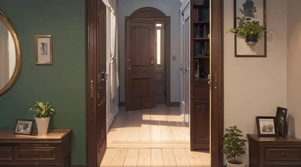 (best quality, 4k, 8K, high resolution, masterpiece: 1.2), Very detailed, (nobody: 1.5), Outside the door, indoor,cozy indoor, lamp, bookshelf, Potted plants