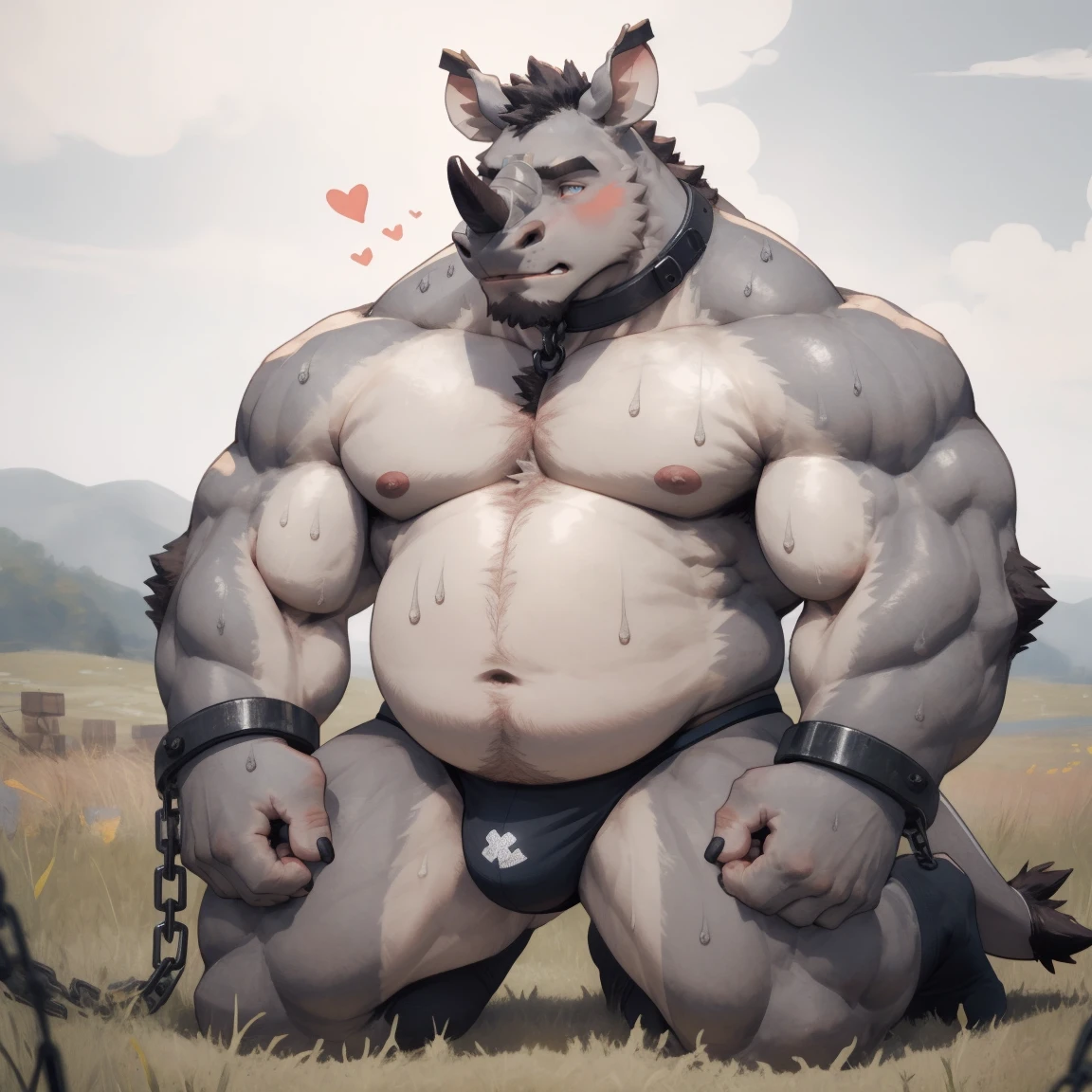 masterpiece, best quality, 8k resolution, Very detailed, hairy，(((rhino)))，(((Mature)))，(((middle age)))，(((Blushing)))，portrait，(((green eyes)))，(((Strong)))，(((Blushing)))，(((Shirtless)))，(((Fat-enclosed muscle)))，((huge))，Hip bulge，For the audience，(((Shameful)))，Highest quality scene，Solitary，solitary，(((thong))，(((Hip bulge)))，(((Sweating)))，((Chains))，(((limb shackles))))，(((Neck collar)))，(Shameful)，Kneeling on the floor，(((kneeling)))，(((Blushing)))，((grassland))，(((black socks)))