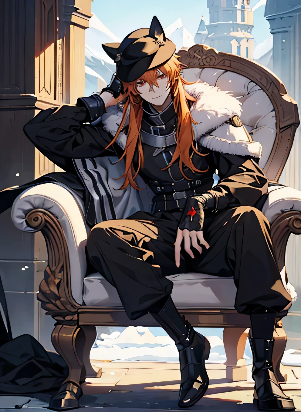 1manColdplace,fantasy, orangehair, cat ear, tall, glove, wearing hat, handsome, villian face, red eye, 21 yearold, wearing white winter armor, game of throne, male, no ears, long hair curry