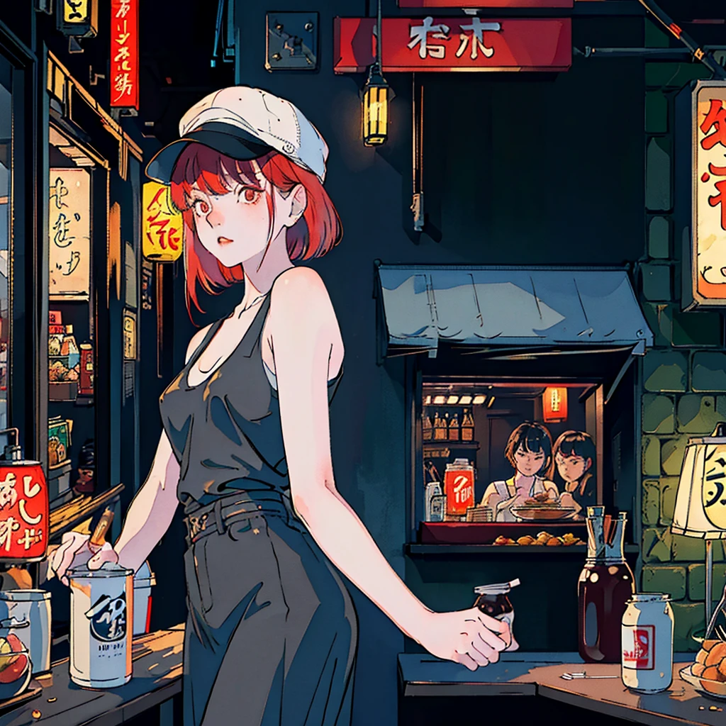 Beautiful redhead Asian girl sitting in a restaurant at night, Visible from the window, Perfect Face, sunglasses, Smoking white Taylormade cigarettes, Neon Black, (Backlight: 1.1), Hard Shadows, masterpiece, Highest quality, Complex, Model shooting style, Vintage, Film Grain, Incomplete details,T-Shirts,Sleeveless,Canned Chuhai,hat