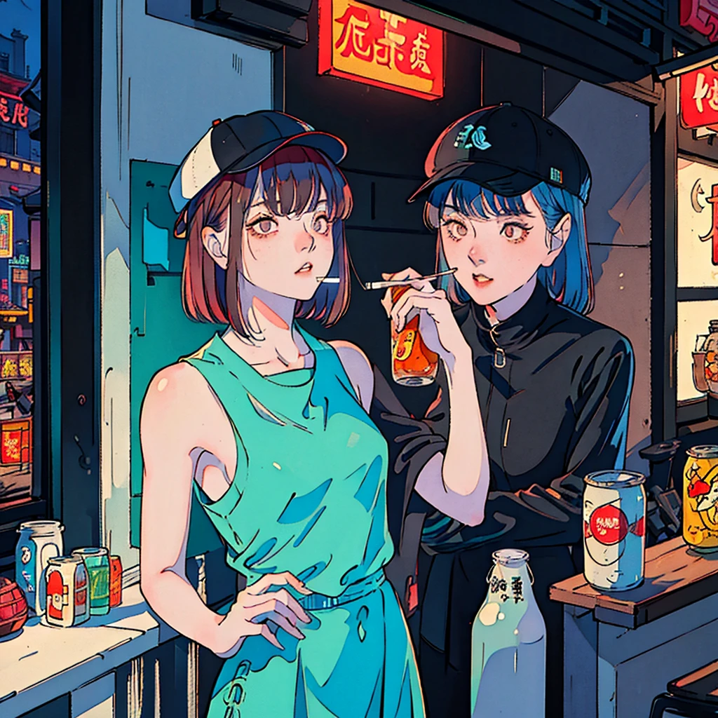 Beautiful redhead Asian girl sitting in a restaurant at night, Visible from the window, Perfect Face, sunglasses, Smoking white Taylormade cigarettes, Neon Black, (Backlight: 1.1), Hard Shadows, masterpiece, Highest quality, Complex, Model shooting style, Vintage, Film Grain, Incomplete details,T-Shirts,Sleeveless,Canned Chuhai,hat
