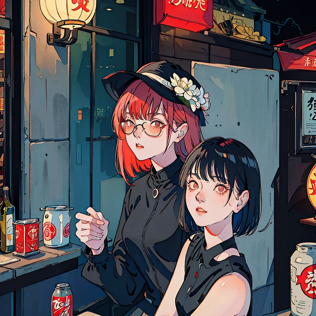 Beautiful redhead Asian girl sitting in a restaurant at night, Visible from the window, Perfect Face, sunglasses, Smoking white Taylormade cigarettes, Neon Black, (Backlight: 1.1), Hard Shadows, masterpiece, Highest quality, Complex, Model shooting style, Vintage, Film Grain, Incomplete details,T-Shirts,Sleeveless,Canned Chuhai,hat