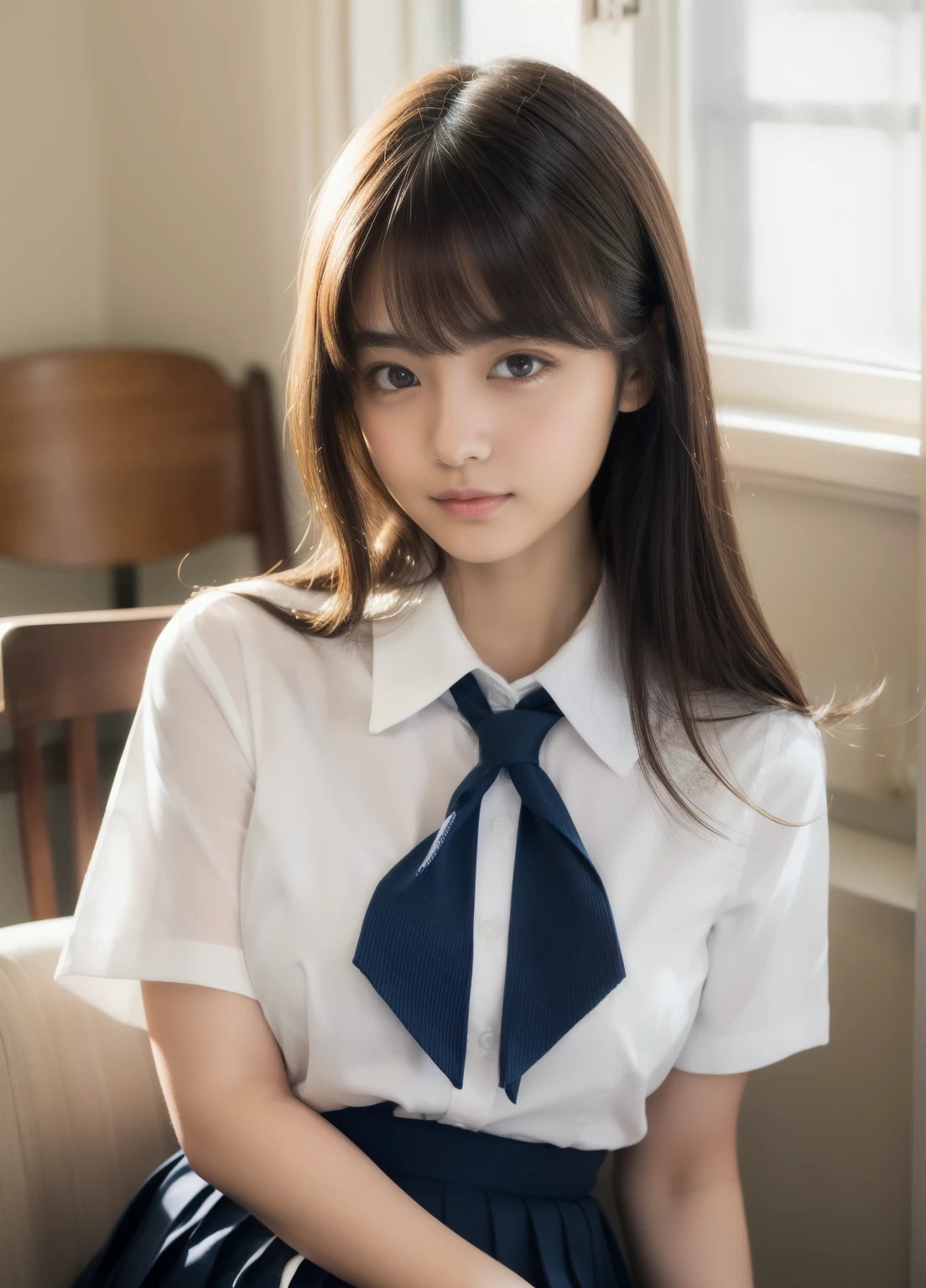 Highest quality, masterpiece, 8k, Professional Lighting, beautiful girl, 17 years old, Cute face, light makeup, ((Thin eyebrows, Thin eyebrows)), Natural look, (Closed lips, Detailed eyes, Delicate eyelashes, ), ((Quiet Smile, Embarrassed, looking at the camera)), Medium Hair, (Shiny Hair, bangs), delicate, Medium chest, White Uniform, ((White shirt, Short sleeve)), Blue tie, Pleated skirt, Very beautiful girl, , White wall, Bright windowsill, Chair, relax, Lazy, Upper Body