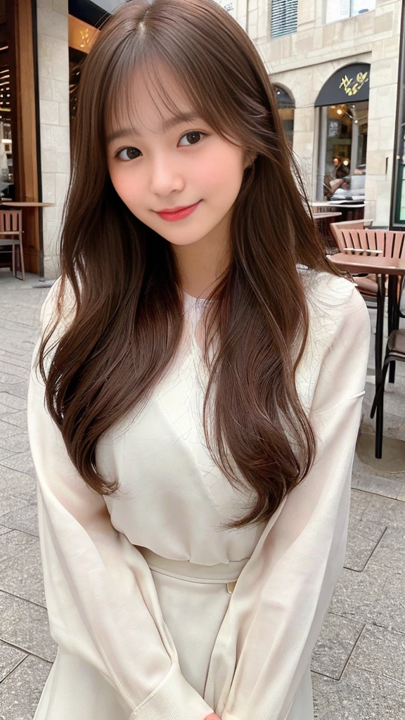 Masterpiece、4K、Looking into the camera、Photographed from the front、(Cute smile 1.6)Close-up shot、18-year-old female、Brown Hair、mediumhair、⦅Forehead⦆、Fashion Model、In town、Instagram、Cute woman、Cafe Terrace、Idol Face、beautiful girl、talent