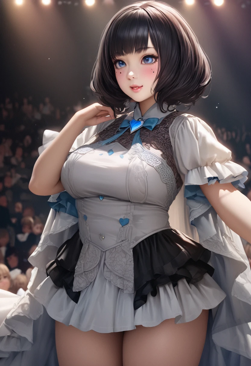 One Girl、cute, Her name is Mei, Looking at the audience、
Beautiful Blue Eyes、Black hair、Pink streaked hair, bangs, Bob  hair, Mole under the eye、Plump and glossy lips、Heart-shaped choca、Idol、smile、ー、。.。.。.。.。.。.。.。.。.。.。.。.。.。.。.。.。.。.3D、Realistic、
mini dress with too many frills、Drape clothes、gem、The decoration has been removed、Floral、Lace trim、bright stage、
masterpiece、highest quality、8k、Detailed skin texture、Detailed cloth texture、Beautifully detailed face、Intricate details、Very detailed、
超A high resolution、8K Ultra HD、Film Grain、Best Shadow、delicate、Staring at the audience、front