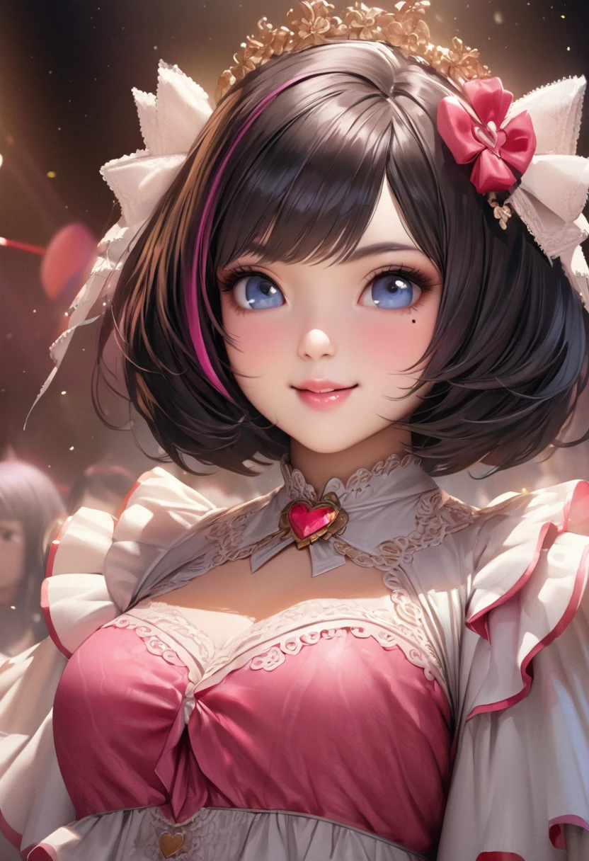 One Girl、cute, Her name is Mei, Looking at the audience、
Beautiful Blue Eyes、Black hair、Pink streaked hair, bangs, Bob  hair, Mole under the eye、Plump and glossy lips、Heart-shaped choca、Idol、smile、ー、。.。.。.。.。.。.。.。.。.。.。.。.。.。.。.。.。.。.3D、Realistic、
mini dress with too many frills、Drape clothes、gem、The decoration has been removed、Floral、Lace trim、bright stage、
masterpiece、highest quality、8k、Detailed skin texture、Detailed cloth texture、Beautifully detailed face、Intricate details、Very detailed、
超A high resolution、8K Ultra HD、Film Grain、Best Shadow、delicate、Staring at the audience、front