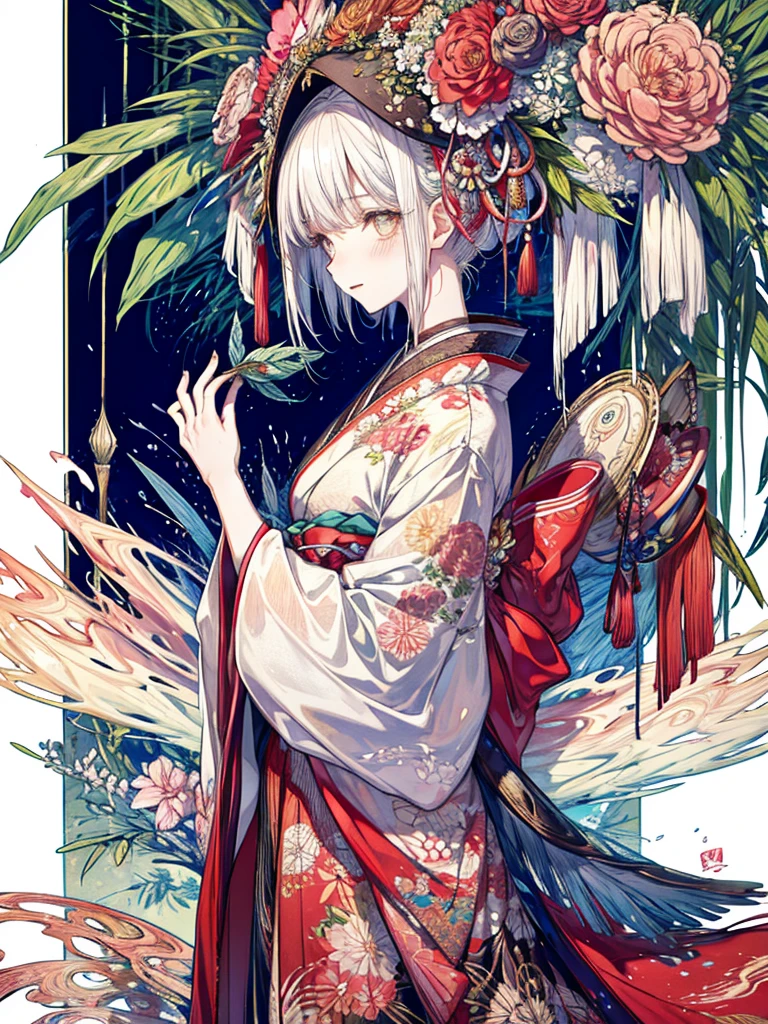 Menela style, by Ernst Haeckel, exquisite illustration of a Japanese girl in a kimono wearing flowers, beautiful girls, botanical art,