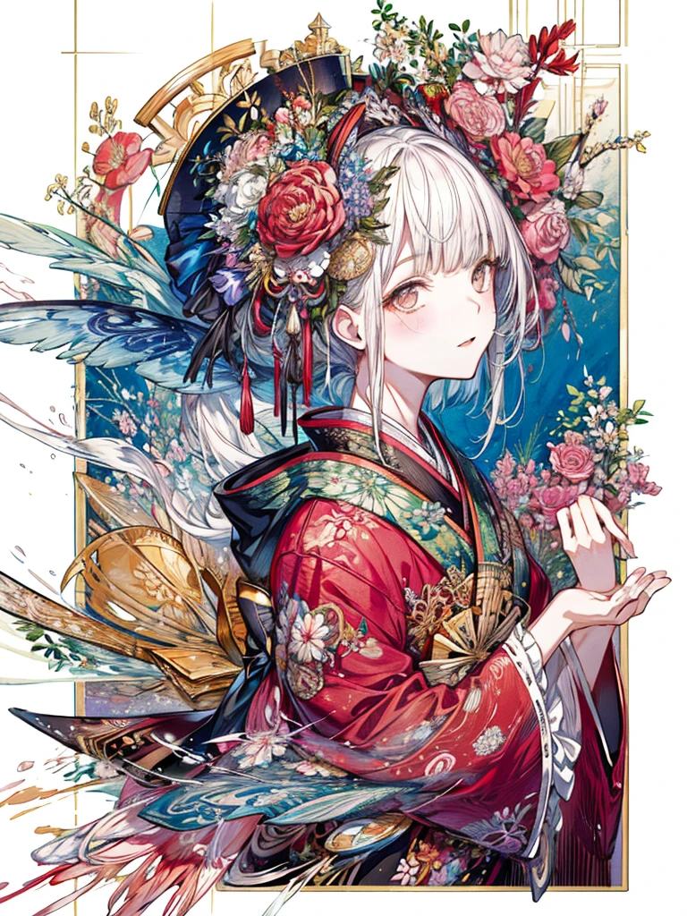 Menela style, by Ernst Haeckel, exquisite illustration of a Japanese girl in a kimono wearing flowers, beautiful girls, botanical art,