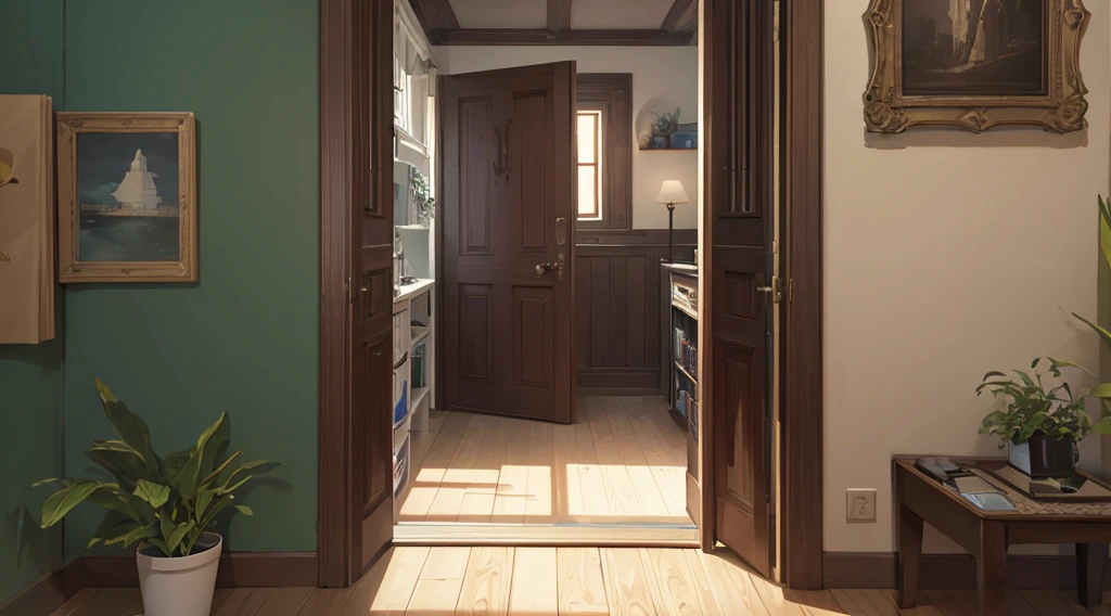 (best quality, 4k, 8K, high resolution, masterpiece: 1.2), Very detailed, (nobody: 1.5), Outside the door,Open door, indoor,cozy indoor, lamp, bookshelf, Potted plants