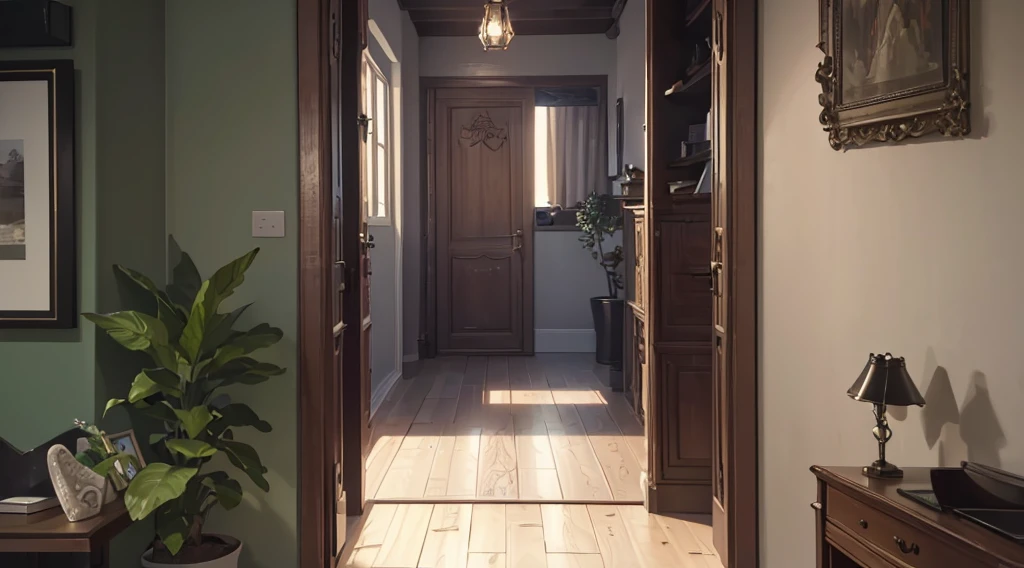 (best quality, 4k, 8K, high resolution, masterpiece: 1.2), Very detailed, (nobody: 1.5), Outside the door，Open door， indoor，cozy indoor, lamp, bookshelf, Potted plants