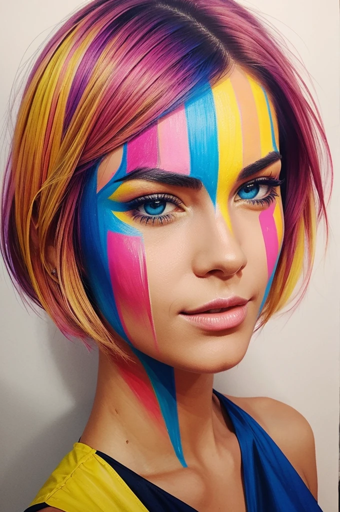 woman face painting have determination Shoulder length short bob The drawing uses bright colors alternating with cool tones, creating a feeling of emotional conflict. Emphasis is placed on using lines.