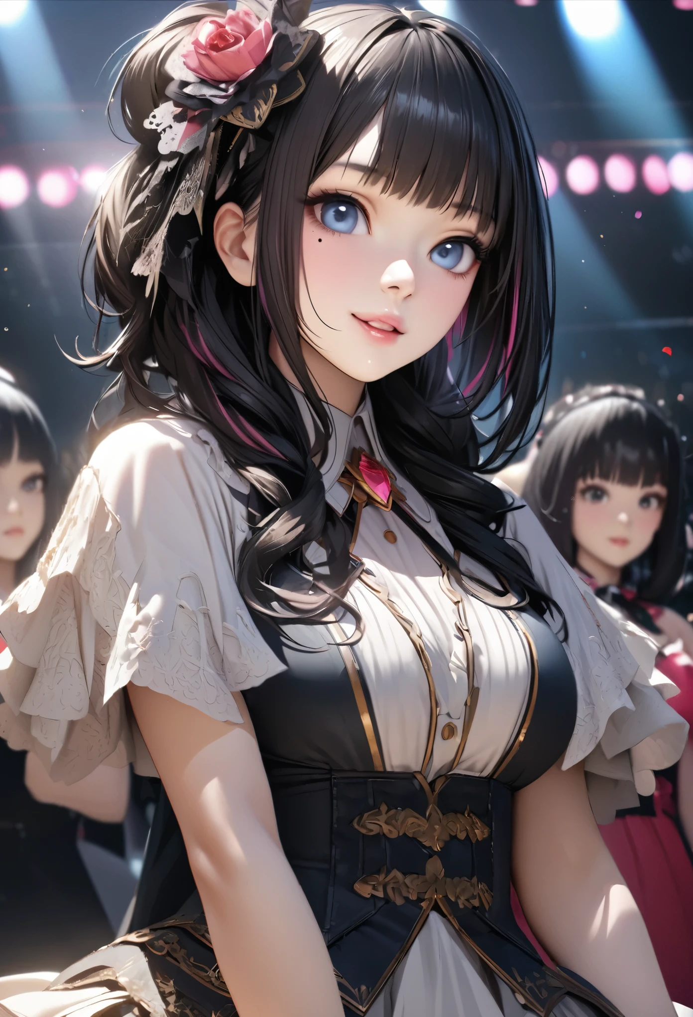 One Girl、Her name is Mei, Looking at the audience、
Beautiful Blue Eyes、Black hair、Pink streaked hair, bangs, Mole under the eye、Plump and glossy lips、Heart-shaped choca、Idol、smile、ー、。.。.。.。.。.。.。.。.。.。.。.。.。.。.。.。.。.。.3D、Realistic、
mini dress with too many frills、Drape clothes、gem、The decoration has been removed、Floral、Lace trim、bright stage、
masterpiece、highest quality、8k、Detailed skin texture、Detailed cloth texture、Beautifully detailed face、Intricate details、Very detailed、
超A high resolution、8K Ultra HD、Film Grain、Best Shadow、delicate、Staring at the audience、front