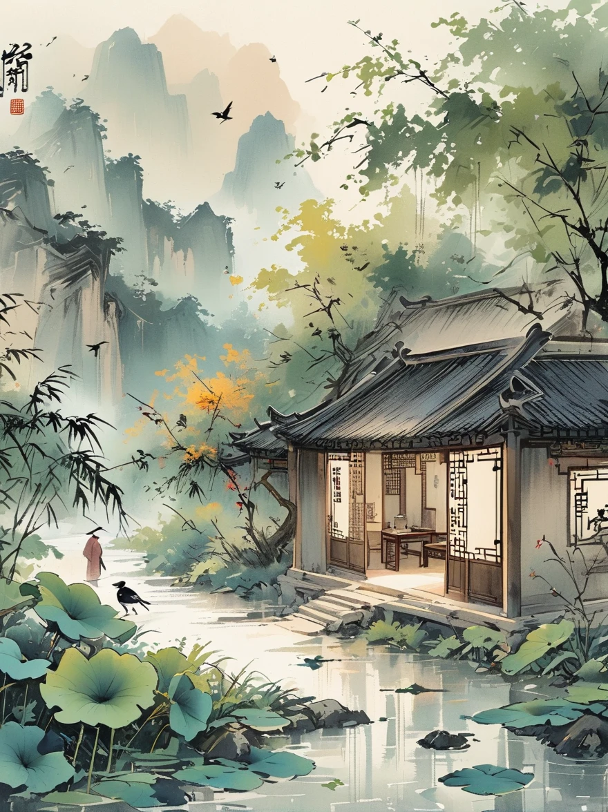 Front view,Volumetric Light,,Shoot at medium and close range,Medium shot(Multiple sclerosis),High Detail,high resolution,coffee table,Chinese,Indoor learning,Screen,Focus on effects and atmosphere,Practical,Chinese ink painting style,