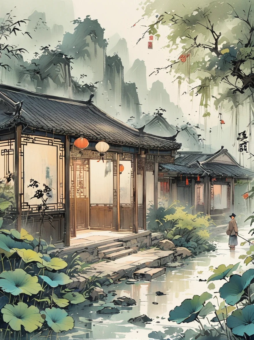 Front view，Volumetric Light，，Shoot at medium and close range，Medium shot(Multiple sclerosis)，High Detail，high resolution，coffee table，Chinese，Indoor learning，Screen，Focus on effects and atmosphere，Practical，Chinese ink painting style，