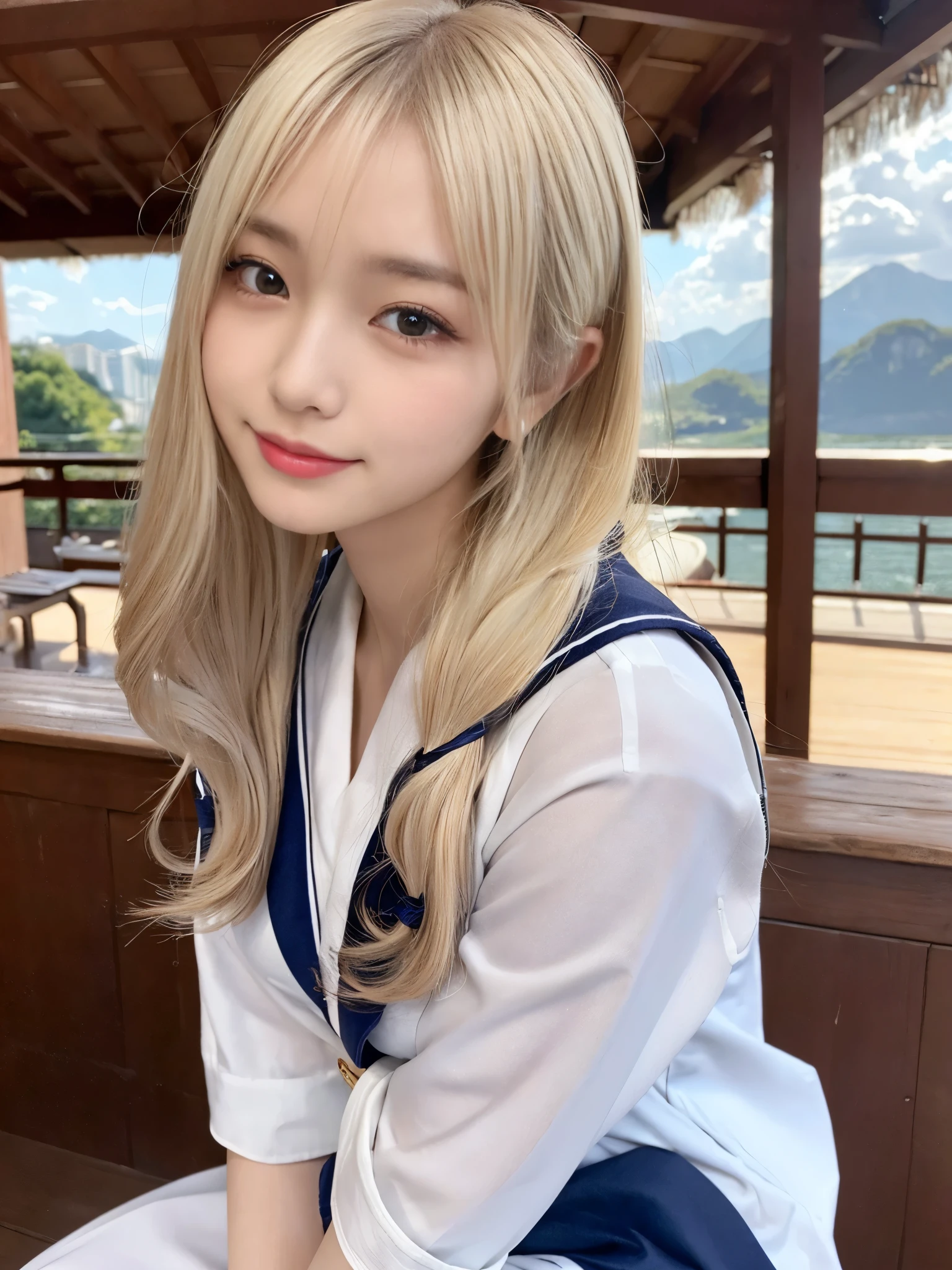 (Cowboy Shot:1.3),( Masterpiece, Highest quality), 98k, ((Perfect Anatomy:1.2)),Beautiful Japanese Women, Succubus,(One person:1.3), 20-year-old, Small face,(Cute face:1.2),Smiling, Larger breasts, ,Beautiful and detailed eyes, Evenly spaced eyes 1.2, long platinum blonde hair,(Random Hairstyles), (Highly detailed face and skin texture), Beautiful face in golden proportions,White skin,(Sailor suit:1.2),Random sexy poses、(Expose the valley:1.3),(Exposing your thighs:1.2),Gal Makeup
