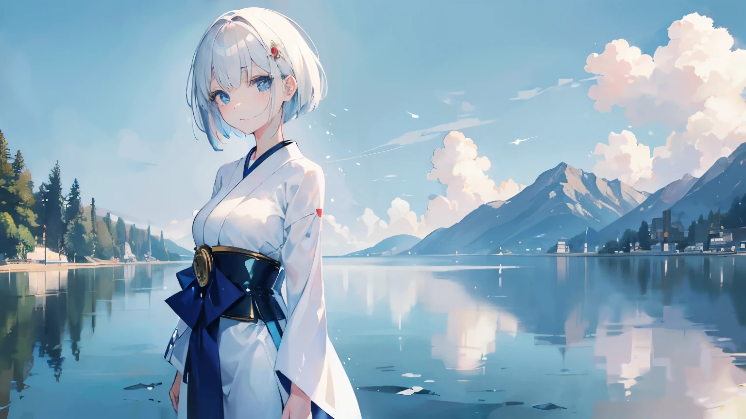An exquisite masterpiece, Highest quality, Illustration Style, White bob hair anime girl, thin, Japan, Beautiful Eyes, summer, Wet day, cloudy, 水色と白のJapanの着物, , Are crying, Dynamic posture contains the golden ratio, blank, Strong contrast of light and shadow, Super Texture, Very clear and concise image, Reflection of the water on a hill with a view of the sky