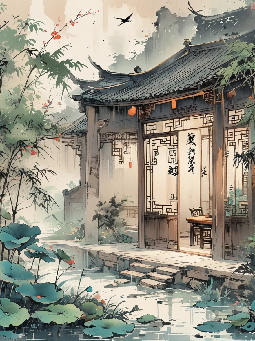 Front view,Volumetric Light,,Shoot at medium and close range,Medium shot(Multiple sclerosis),High Detail,high resolution,coffee table,Chinese,Indoor learning,Screen,Focus on effects and atmosphere,Practical,Chinese ink painting style,