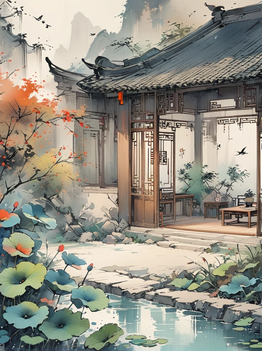 Front view,Volumetric Light,,Shoot at medium and close range,Medium shot(Multiple sclerosis),High Detail,high resolution,coffee table,Chinese,Indoor learning,Screen,Focus on effects and atmosphere,Practical,Chinese ink painting style,
