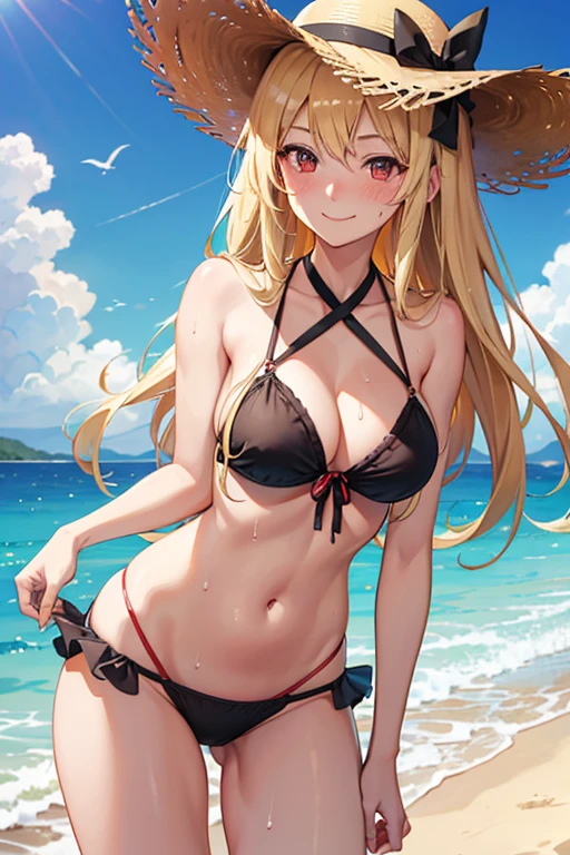 20 yeas old, girl, blonde hair, long hair, straw hat, slim, big tits, beautiful bust, narrow red eyes, cute, 
(embarrassed,  blush:1.2), (ecstasy:0.4), (think:1.8), (smile:1.5), (sweat:1.2), t-shirt, See-through, micro bikini, ribbon, frills, sunglasses, frontal, standing, centet of attention, beachside, crowd and crowd,
