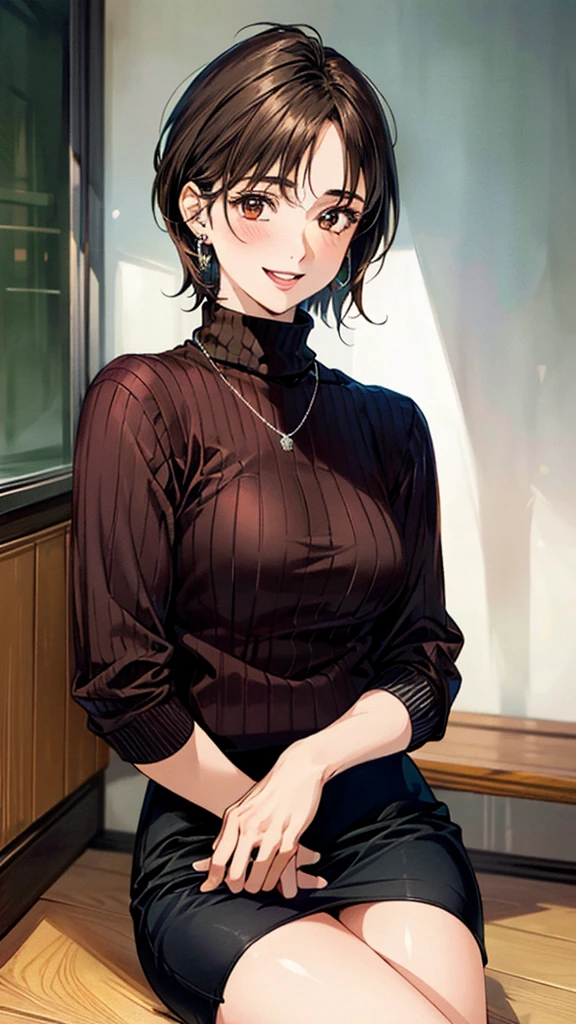 (masterpiece:1.3, Highest quality, Ultra-high resolution, Super detailed), (Realistic, photoRealistic:1.4), Beautiful illustrations, Perfect lighting, colorful, Depth of written boundary, 
Beautiful detailed hair, Beautifully detailed face, Beautiful fine details, Beautiful clavicle, Beautiful body, Beautiful breasts, Beautiful thighs, Beautiful feet, Beautiful fingers, 
View Viewer, Front view:0.6, 1 girl, Japanese, Female college student, Perfect Face, (Perfect Anatomy, Anatomically correct), Cute and symmetrical face, Baby Face, , Shiny skin, 
((Turtleneck sweater：1.4, skirt:1.4)), 
(Brown Hair, Short Hair:1.4),  Brown eyes, (Large Breasts), thin, 
necklace, Small earrings, 
(Retro feel), (evening), (Cafe), Sitting,, (smile, Open your mouth), 