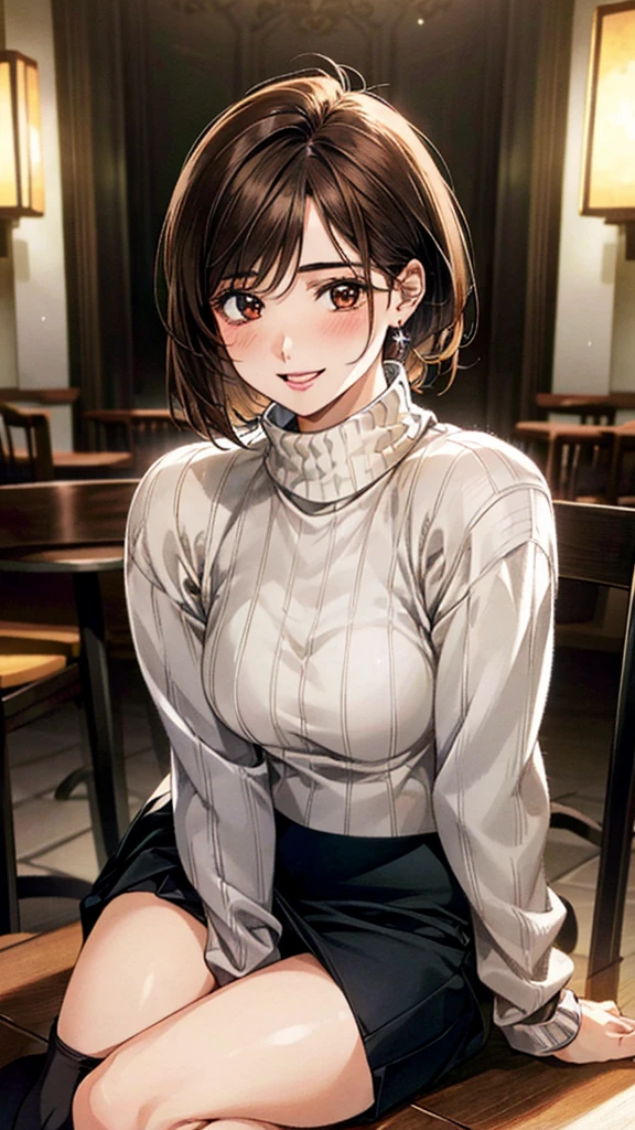 (masterpiece:1.3, Highest quality, Ultra-high resolution, Super detailed), (Realistic, photoRealistic:1.4), Beautiful illustrations, Perfect lighting, colorful, Depth of written boundary,
Beautiful detailed hair, Beautifully detailed face, Beautiful fine details, Beautiful clavicle, Beautiful body, Beautiful breasts, Beautiful thighs, Beautiful feet, Beautiful fingers,
View Viewer, Front view:0.6, 1 girl, Japanese, Female college student, Perfect Face, (Perfect Anatomy, Anatomically correct), Cute and symmetrical face, Baby Face, , Shiny skin,
((Turtleneck sweater:1.4, skirt:1.4)),
(Brown Hair, Short Hair:1.4), Brown eyes, (Large Breasts), thin,
necklace, Small earrings,
(Retro feel), (evening), (Cafe), Sitting,, (smile, Open your mouth),