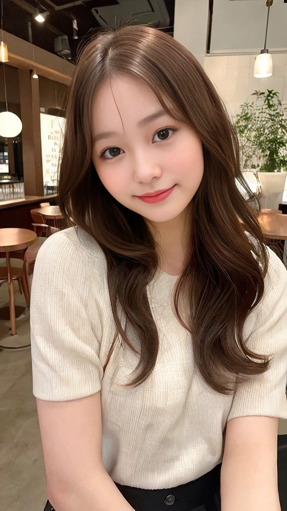 Masterpiece、4K、Looking into the camera、Photographed from the front、(Cute smile 1.6)Close-up shot、18-year-old female、Brown Hair、mediumhair、⦅Forehead⦆、Fashion Model、In town、Instagram、Cute woman、Cafe、Idol Face、beautiful girl、talent