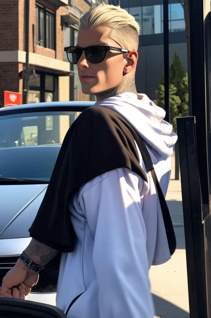 masterpiece, best quality, photo taken from canvas, which depicts 22-year-old men, gorgeous, attractive, with a neckline, in a black hoodie, (bad guy) (short haircut) (long platinum hair), ((black sunglasses)) driving down the street in a BMW, he is driving and looking straight at his love, who is standing on the sidewalk and looking back at him. The pictures was taken from the sidewalk. blonde-men