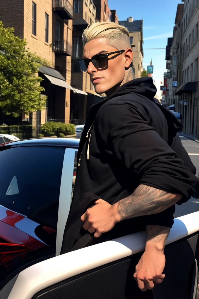 masterpiece, best quality, photo taken from canvas, which depicts 22-year-old men, gorgeous, attractive, with a neckline, in a black hoodie, (bad guy) (short haircut) (long platinum hair), ((black sunglasses)) driving down the street in a BMW, he is driving and looking straight at his love, who is standing on the sidewalk and looking back at him. The pictures was taken from the sidewalk. blonde-men