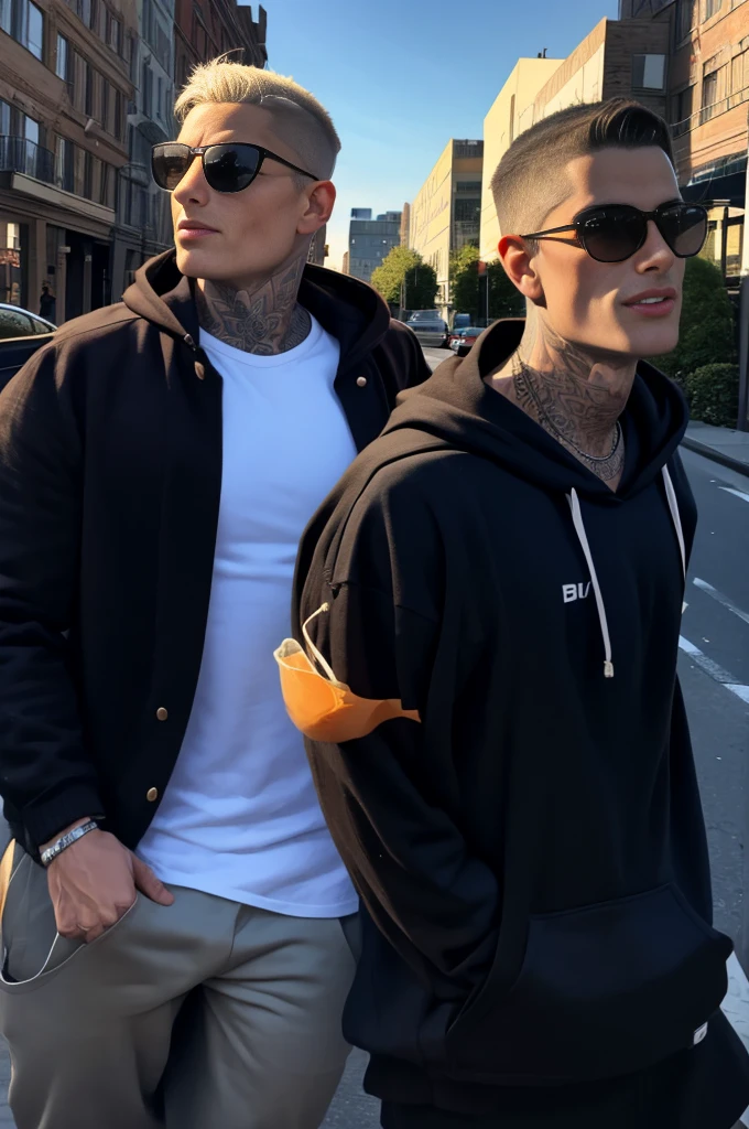 masterpiece, best quality, photo taken from canvas, which depicts 22-year-old men, gorgeous, attractive, with a neckline, in a black hoodie, (bad guy) (short haircut) (long platinum hair), ((black sunglasses)) driving down the street in a BMW, he is driving and looking straight at his love, who is standing on the sidewalk and looking back at him. The pictures was taken from the sidewalk. blonde-men