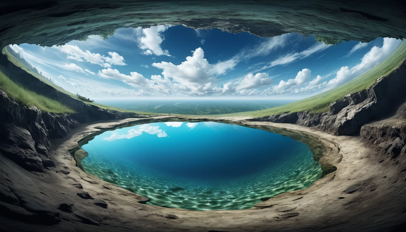 the depths of an inverted reality, where the sky is below and the ground is above.