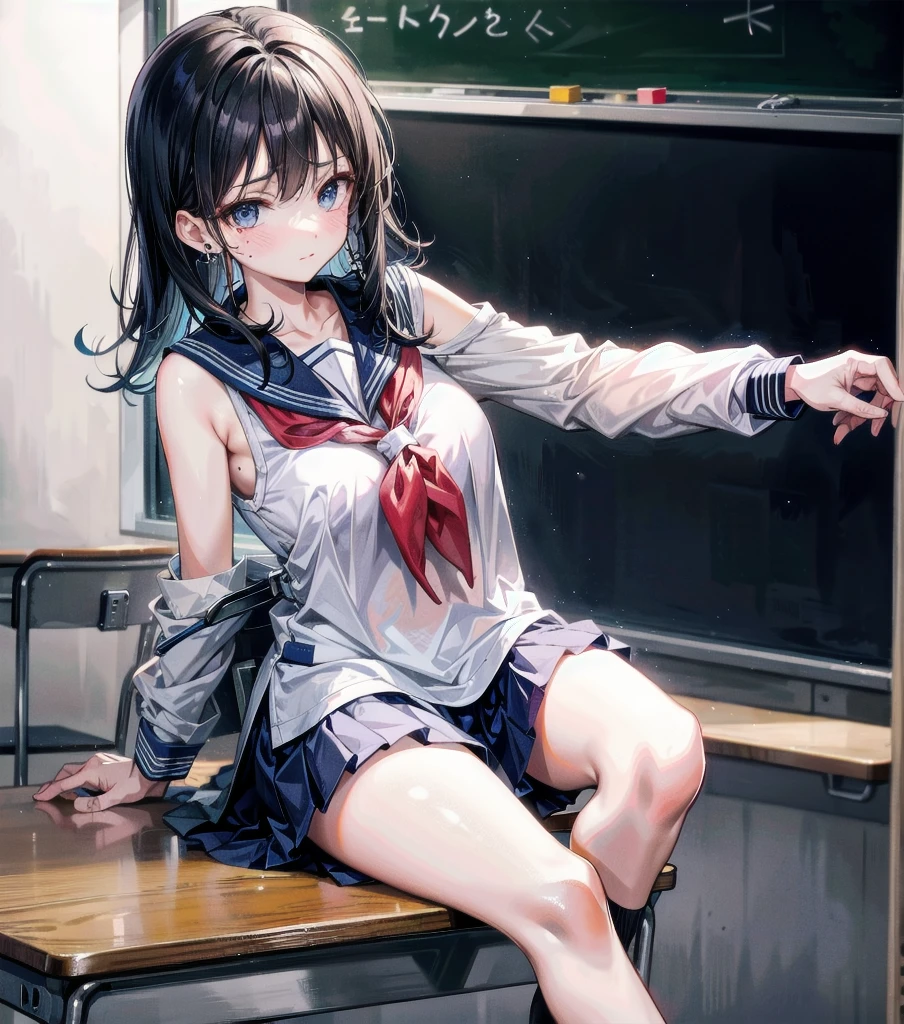 whole body, earring, medium hair, medium tits, tearful mole, school_uniform, sailor uniform, sleeveless, school, classroom,