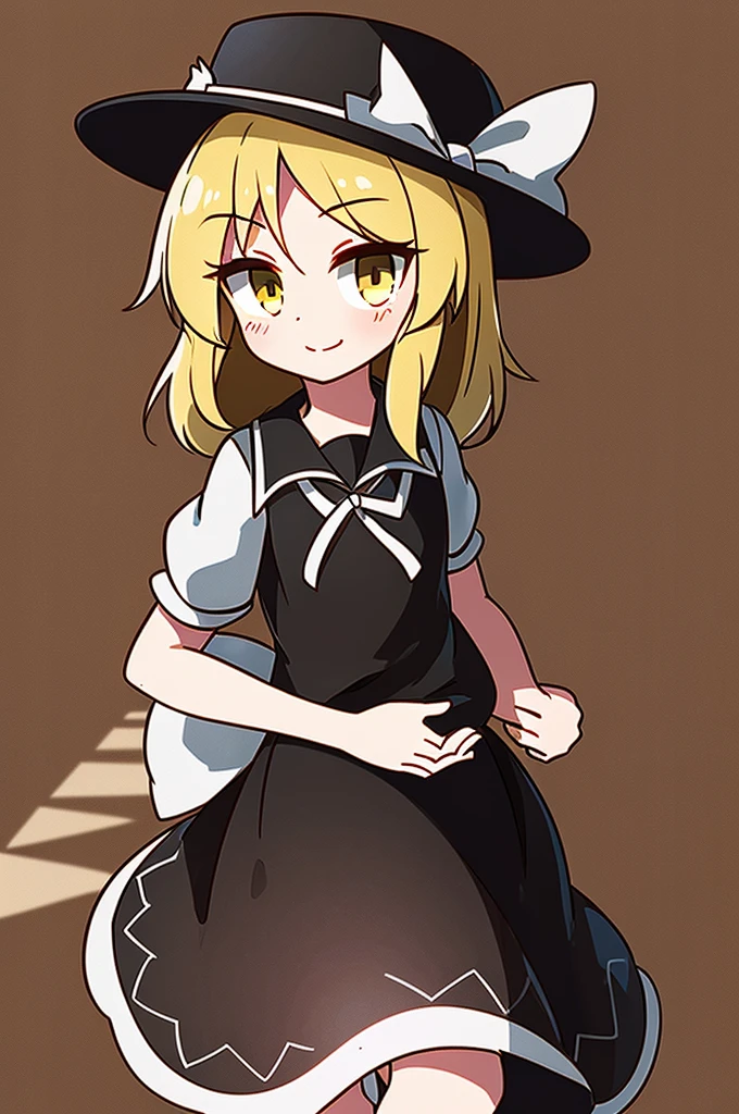 1girl, , , masterpiece, best quality, , medium blonde hair, forehead visible bags, yellow eyes, hat, heart, black headwear, puffy short sleeves, log black skirt, heart hads,,1girl, solo, yellow eyes, yellow hair, bow, hat bow, socks, black footwear, black skirt, short sleeves, yuki (touhou), black vest, white sleeves, frill skirt, light smile