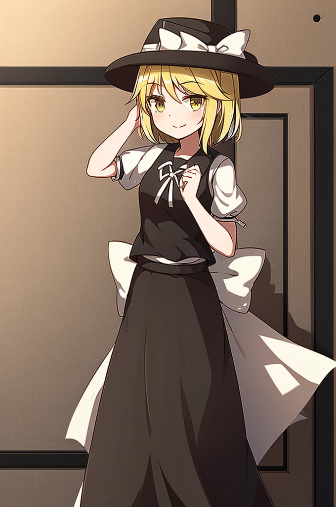 1girl, , , masterpiece, best quality, 10 years old, medium blonde hair, forehead visible bags, yellow eyes, hat, heart, black headwear, puffy short sleeves, log black skirt, heart hads,,1girl, solo, yellow eyes, yellow hair, bow, hat bow, socks, black footwear, black skirt, short sleeves, yuki (touhou), black vest, white sleeves, frill skirt, light smile