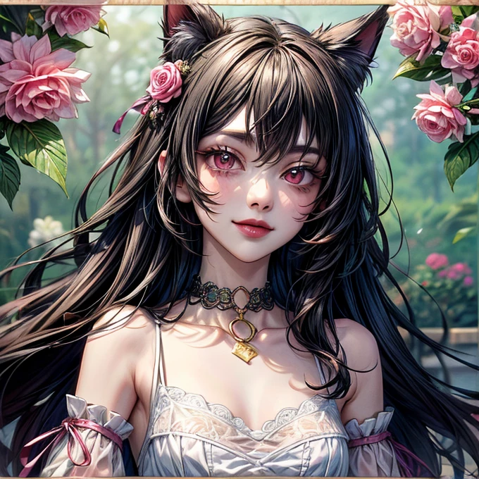1 hybrid cat woman of 30 years old, {{{very long messy black hair}}}, {{{pink eyes}}}, {pink flower detailed sundress with lace sleeves}, pink-gold choker, small smile, in a flower garden on a picnic blanket, {best quality.}, {highreaasterpiece.}, {{{medium close up.}}}, {facing viewer}