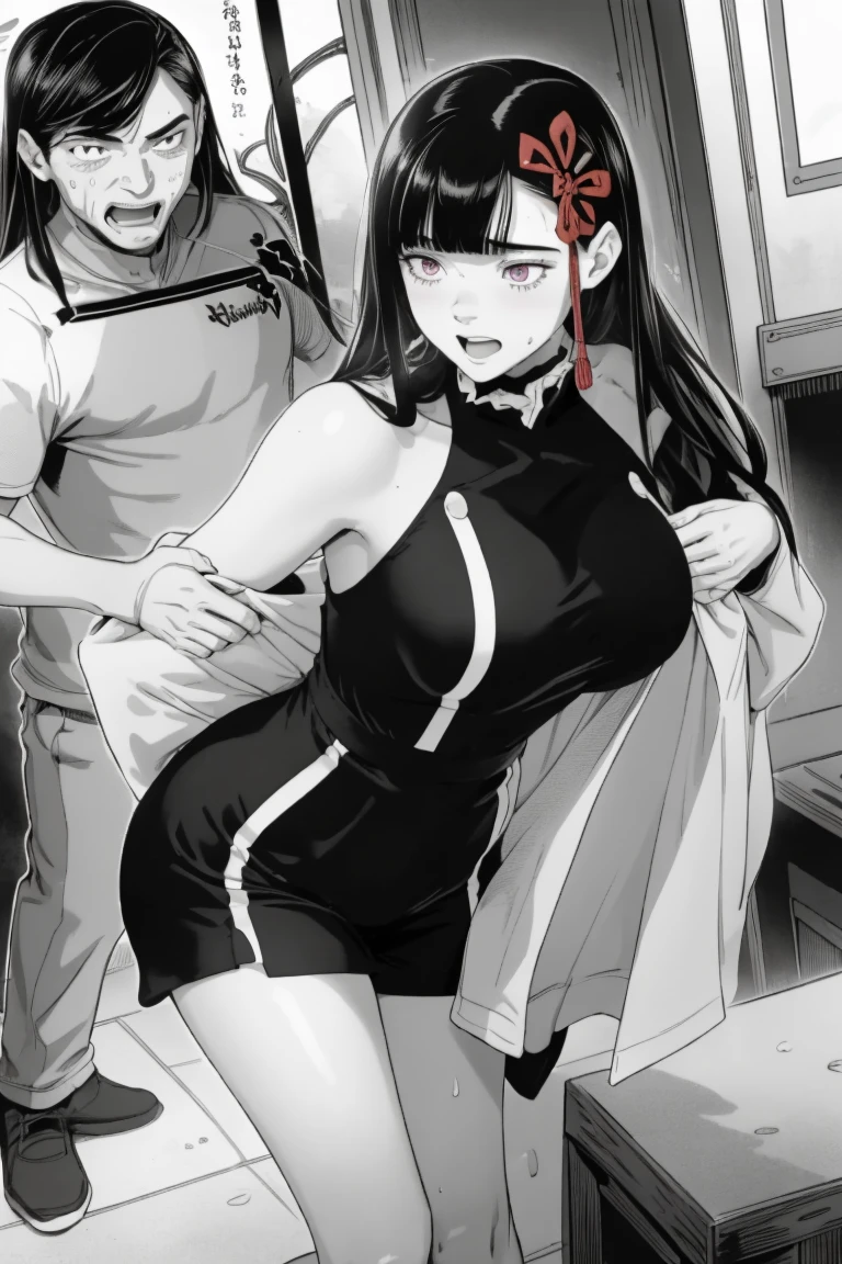 ((best quality)), ((masterpiece)), (detailed), (high resolution), perfect human body, 1 old man, 1 girl, (violet slit eyes:1.3), (long black hair), Straight across bangs, (grown-up face:1.4), parted lips, A little big breasts,  (Embarrassed face), (orgasm:1.2), (anime coloring:1.1), Stimulating, (Yamashiro Ren), Mato Seihei no Slave, looking at viewer, a red hair ribbon, 2d, illustration, couple, hetero, software, ((realistic)), (highly detailed background, In front of the door of the Bathroom), ((short girl naked towel woman), (((Stand next to the girl, old man putting his hand on girl's shoulder))), ((woman waving)), ((Sweat, vapor,))), big breasts, ((expression of fear)), (blushing face), old man standing next to a girl, vulgar laughing man, Embarrassed, wife cheating, Caught in the act, faceless man open towel,