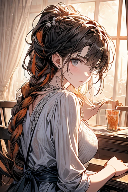 (from below:1.2),(from side:0.9), ((Face)), (Close-Up:0.4), (A masterpiece of image quality in 8K),(Beautiful Allafed Woman),(((emphasizing breasts:1.3))),(Dynamic angles),(Dynamic and sexy bending pose:1.3),(sit a chair:1.3),(Short hair in shiny silver and orange inner colors,large full breasts,Disturbance of clothing due to movement,breast slip,(Ponytail twisted buns adorned with elaborate braids and beads,Braided Setup Fishbone Hair:1.2),(see-through bangs),medium breasts,(((A brown lace apron that shows your bare skin from under your small breasts.......)))、Blush with embarrassment、Enraptured eyes、 open mouth,A smile that beguiles the viewer、(Look back:1.7)、Look into the photographer,skin glistening with sweat,gazing at viewer,,(Professional Lighting),(masutepiece,top-quality,Ultra-high resolution output image,),(Ultra HD with complex detail image modes),depth of fields,Beautiful hands,Beautiful fingers,Detailed finger features,(Detailed hair features:1.7),detailed facial features,detailed clothes features,