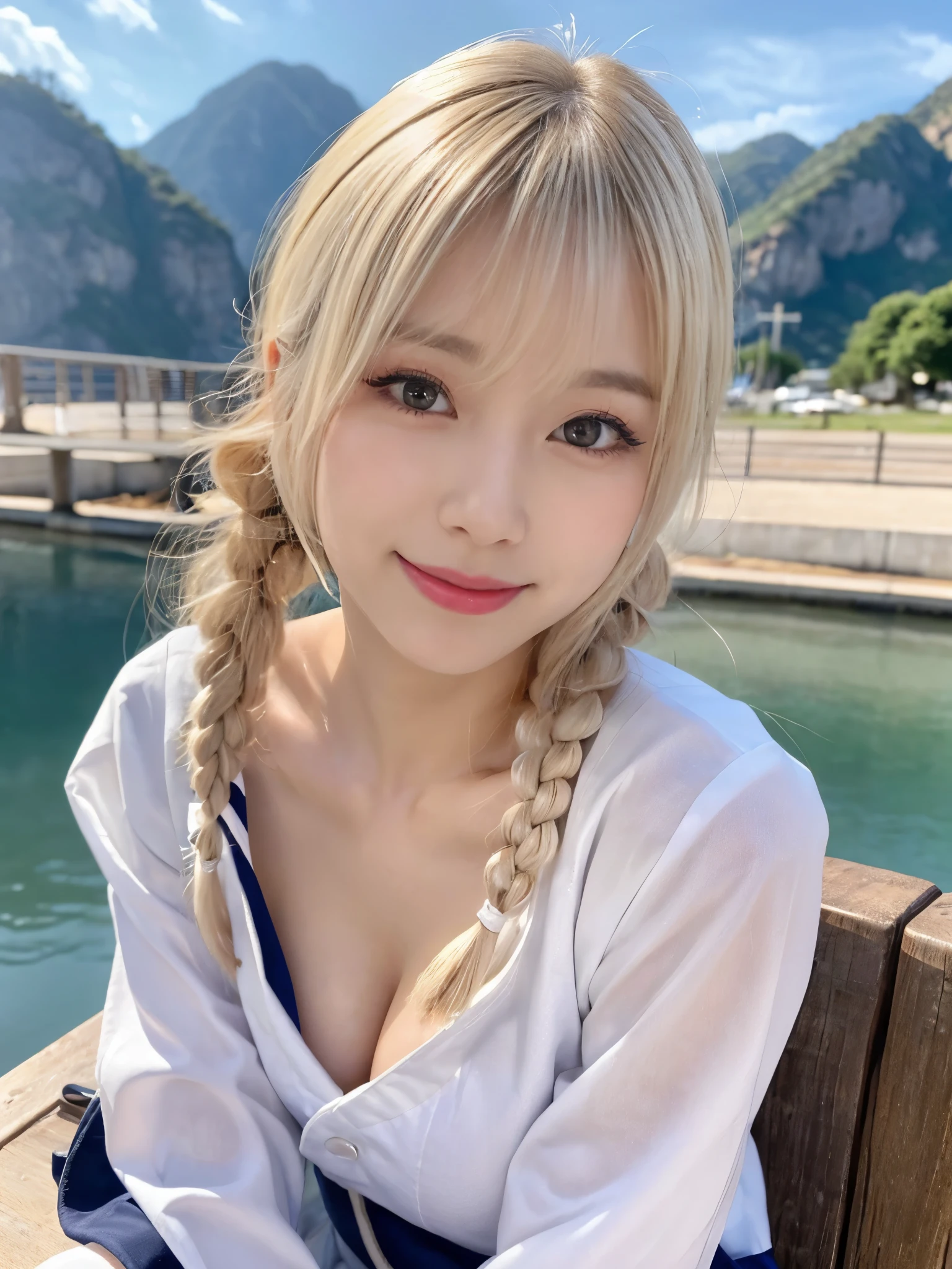 (Cowboy Shot:1.3),( Masterpiece, Highest quality), 98k, ((Perfect Anatomy:1.2)),Beautiful Japanese Women, Succubus,(One person:1.3), 20-year-old, Small face,(Cute face:1.2),Smiling, Larger breasts, ,Beautiful and detailed eyes, Evenly spaced eyes 1.2, long platinum blonde hair,（Random Hairstyles）, (Highly detailed face and skin texture), Beautiful face in golden proportions,White skin,(Sailor suit:1.2),Random sexy poses、(Expose the valley:1.3),(Exposing your thighs:1.2）,Gal Makeup