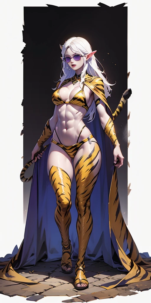 Full body, masterpiece, 1solofemale drow elf purple skin standing pose (yellow tiger bikini) red cape, red bikini, long white hair, strong body, abs, Ultra Quality, shiny skin, Atmospheric, 8K, Cinematic ((WHITE background, no tiger)) BREAK, sunglasses