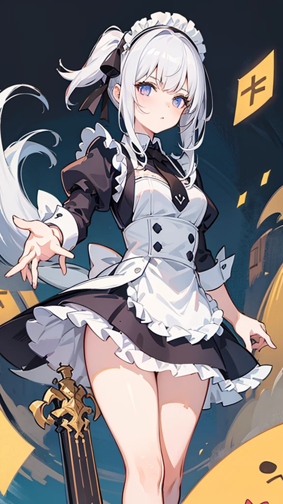 1girl, solo, young adult, maid, short skirt, from below, battle maid, stocking, long hair, forshotening, white hair
