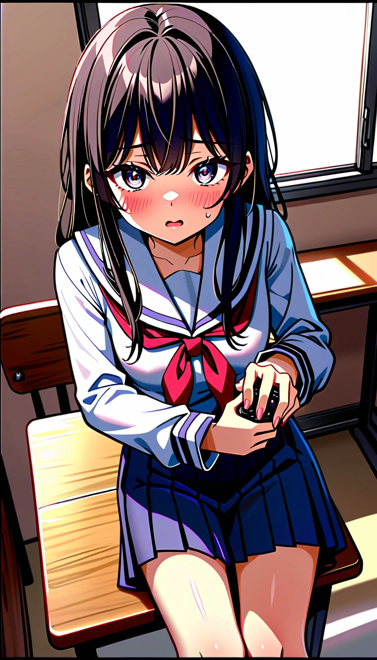 A girl, high school student, black long hair, black eyes, while in class, sitting a chair, hold her pee, school sailor uniform, upturned eyes, hold down her crotch with her hands, rub her feet together, piss, pee a little, looks uneasy, pee holding, second to wetting, straight hair, hold her crotch, lean forward, press a her genitals with her hand, embarrassed, classroom, ((((Hand holding a small pink remote control))))