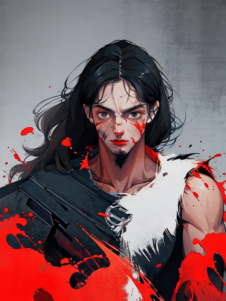 (half body), 1 man, duke, black hair, Black eyes, Strong body, Six pack, cold, blood spatter, Battlefield backdrop,