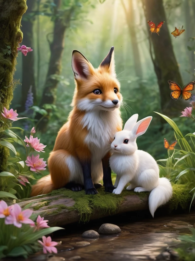 A high-resolution image featuring a realistic of big red (1fox) and little white (1rabbit) in a cheerful and happy setting. The rabbit, with soft white fur and pink-tinted ears, stands upright, its eyes bright and expressive. The fox, with a lush red coat and a bushy tail, sits nearby, displaying a playful demeanor. The scene is set in a softly lit forest clearing, with golden sunlight filtering through the trees, creating shimmering highlights and emphasizing the animals’ fur. The background is detailed with vibrant green foliage, scattered wildflowers, and additional elements like fallen leaves, soft grass, and small bushes, adding richness and natural beauty. A small wooden bridge or moss-covered rock could be included to enhance the scene’s charm. The overall mood is one of natural joy and tranquility, with butterflies fluttering around and small birds hopping nearby. The design style is reminiscent of a fairytale, with harmonious and beautiful natural elements. The high-detail depiction of the animals’ fur and the sharp, realistic presentation of the grass, leaves, and wildflowers create a vivid and lifelike atmosphere.