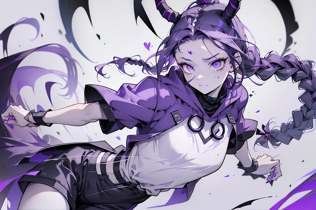 boy rabbit thoughtful look open forehead. dark purple hair braided into a ponytail on the left side. sinuous black horns wrapped in dark purple ribbon. pale violet eyes. in short dark purple shorts. long white T-shirt. dark purple knee-high socks. white long cloak with hood inside. stone walls purple light