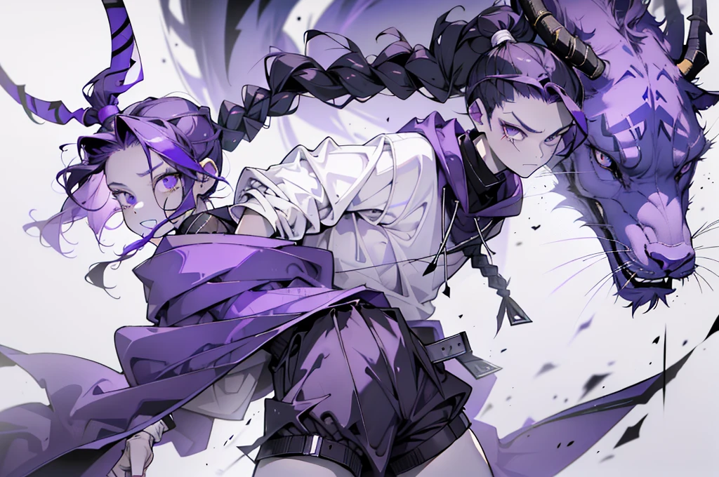 boy rabbit thoughtful look open forehead. dark purple hair braided into a ponytail on the left side. sinuous black horns wrapped in dark purple ribbon. pale violet eyes. in short dark purple shorts. long white T-shirt. dark purple knee-high socks. white long cloak with hood inside. stone walls purple light