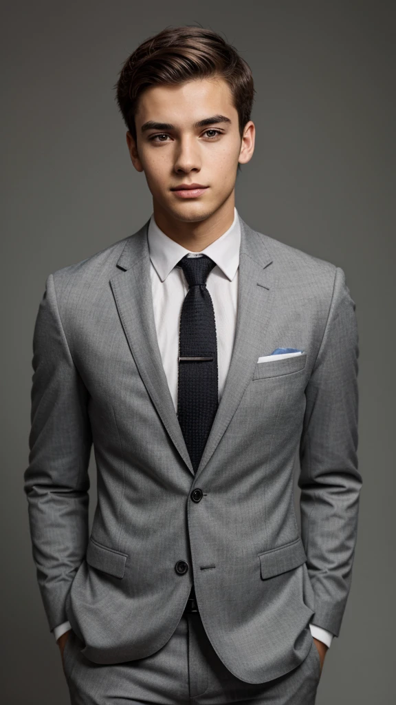A handsome young man in a suit with a questioning expression on his face, gray background