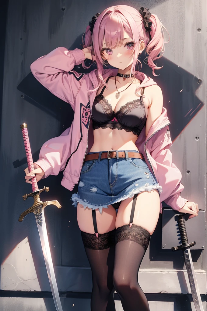 masterpiece, Highest quality, pretty girl, 16 , Scrunchie hair ornament, Twin tails,denim pencil mini skirt,hoodie, Patterned stockings, Leg belt, necklace, skinny , Pink and black bra,((showing off lace panties)),sword,knife,Japan holding a sword,Yakuza,mafia,Tattoo
