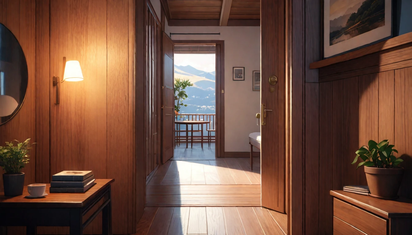 (best quality, 4k, 8K, high resolution, masterpiece: 1.2), Very detailed, (nobody: 1.5), Outside the door,Open door, indoor,cozy indoor, lamp, bookshelf, Potted plants