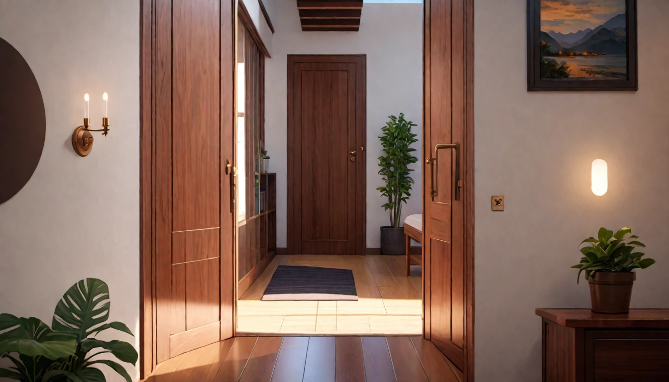 (best quality, 4k, 8K, high resolution, masterpiece: 1.2), Very detailed, (nobody: 1.5), Outside the door,Open door, indoor,cozy indoor, lamp, bookshelf, Potted plants